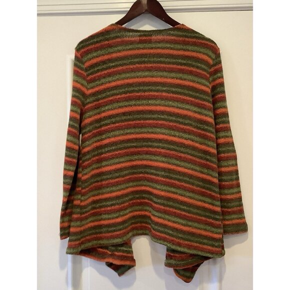 Ruby Rd Cardigan Sweater Size Medium Open Front Orange Green Striped Pockets - Picture 3 of 10